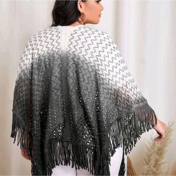 Plus Ombre Fringe Trim Pointelle Knit Poncho - Picture 3 of 6
